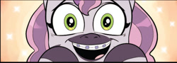 Size: 516x183 | Tagged: safe, artist:yancey labat, idw, official comic, skye, zebra, g5, my little pony: skye's secret, braces, close-up, cropped, female, filly, foal, happy, hooves, hooves on face, looking at you, open mouth, open smile, smiling, solo, unshorn fetlocks