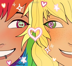 Size: 2200x2000 | Tagged: safe, artist:ssuminv, applejack, rainbow dash, human, g4, blushing, duo, duo female, female, freckles, humanized, lesbian, lip piercing, multicolored hair, piercing, rainbow hair, ship:appledash, shipping, smiling