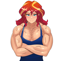 Size: 3000x3000 | Tagged: safe, artist:tzc, sunset shimmer, human, equestria girls, g4, biceps, blushing, buff, clothes, crossed arms, female, fetish, human coloration, looking at you, muscle fetish, muscles, muscular female, pecs, simple background, smiling, solo, sunset lifter, tank top, vein, vein bulge, white background