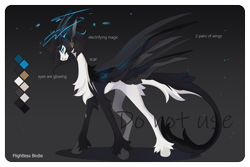 Size: 4500x3000 | Tagged: safe, artist:flightless birdie, oc, oc only, pony, adoptable, chest fluff, concave belly, curved horn, ear piercing, earring, gradient background, horn, horns, jewelry, leonine tail, magic, multiple wings, piercing, slender, solo, tail, thin, unshorn fetlocks, wings