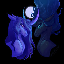 Size: 5000x5000 | Tagged: safe, artist:pjj0, nightmare moon, princess luna, alicorn, pony, g4, blank eyes, curved horn, duality, female, full moon, horn, mare, moon