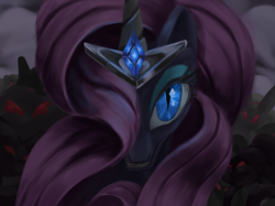 Size: 2732x2048 | Tagged: safe, artist:nafrost, nightmare rarity, pony, unicorn, g4, blue eyes, cloud, crown, dark, digital art, evil, evil smile, eyelashes, eyeshadow, fangs, female, gem, grin, horn, jewelry, looking at you, makeup, mare, purple mane, regalia, sky, smiling, smiling at you, solo, teeth