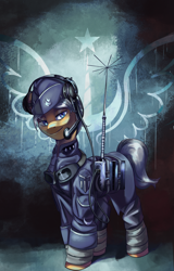 Size: 2204x3451 | Tagged: safe, artist:fly over, oc, oc only, oc:moon sparks, earth pony, pony, equestria at war mod, clothes, headphones, military, military uniform, uniform