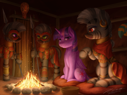 Size: 3200x2400 | Tagged: safe, artist:novaintellus, twilight sparkle, oc, alicorn, pony, zebra, g4, africa, african, armor, campfire, diplomacy, female, fire, healer's mask, hut, indoors, mare, mask, sitting, smiling, spear, tribal, twilight sparkle (alicorn), weapon, zebra oc, zebrica