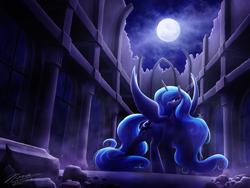 Size: 3200x2400 | Tagged: safe, artist:novaintellus, princess luna, alicorn, pony, g4, castle of the royal pony sisters, female, full moon, horn, looking at you, mare, moon, night, night sky, outdoors, rock, sky, solo, spread wings, wings