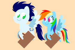 Size: 1935x1285 | Tagged: safe, anonymous artist, derpibooru exclusive, rainbow dash, soarin', pegasus, pony, series:soarindash honeymoon, series:soarindash romantic tales, g4, bag, duo, duo male and female, female, flying, looking at each other, looking at someone, male, mare, pointy ponies, ship:soarindash, shipping, smiling, smiling at each other, stallion, straight, wings