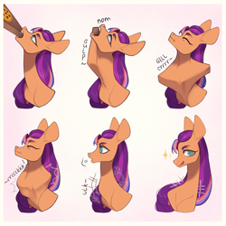 Size: 4000x4000 | Tagged: safe, artist:meggychocolatka, sunny starscout, earth pony, pony, g5, 6 panel comic, alicorn metabolism, behaving like a snake, bust, cartoon logic, cartoon physics, colored, comic, commission, commissioner:princess, eating, eyebrows, female, food, impossible fit, licking, licking lips, long mane, looking at you, mane stripe sunny, mare, motion lines, no source available, object vore, onomatopoeia, pizza, pizza box, portrait, satisfied, shading, slender, solo, swallowing, thin, throat bulge, tongue out, wat