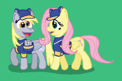 Size: 768x512 | Tagged: safe, artist:alumina nitride, derpy hooves, fluttershy, pegasus, g4, clothes, digital art, female, mare, pixel art, simple background, steam delivery girl, wings