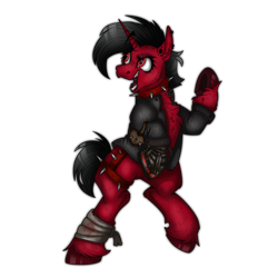 Size: 2300x2300 | Tagged: safe, artist:molars, oc, oc only, oc:bloodbath, pony, unicorn, ashes town, fallout equestria, bandage, bipedal, black mane, blood, clothes, collar, commission, female, horn, lip piercing, lip ring, mare, piercing, power fist, red eyes, red fur, short mane, simple background, smiling, solo, spiked collar, spikes, standing on two hooves, teeth, transparent background, unshorn fetlocks