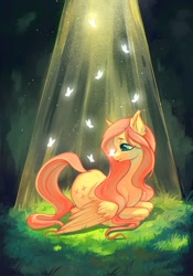 Size: 1431x2048 | Tagged: safe, artist:murimio_, fluttershy, butterfly, pegasus, pony, g4, butterfly on nose, crepuscular rays, ear fluff, female, grass, insect on nose, lidded eyes, lying down, mare, outdoors, partially open wings, prone, smiling, solo, wings