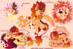 Size: 1800x1200 | Tagged: safe, artist:thehaywaiianhorse, oc, oc:rei, oc:tamale, kirin, manticore, nirik, cloven hooves, female, fire, fire breath, glowing, glowing eyes, reference sheet