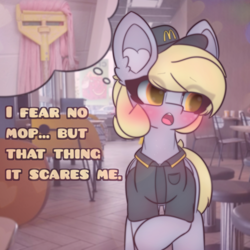 Size: 2664x2664 | Tagged: safe, artist:sodapop sprays, derpy hooves, pegasus, pony, series:derpy can't catch a break, g4, clothes, fluttermop, hat, i fear no man, indoors, mcdonald's, meet the pyro, meme, mop, solo, talking to viewer, team fortress 2, text, uniform, wings, worried