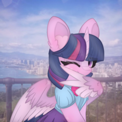 Size: 2664x2664 | Tagged: safe, artist:sodapop sprays, twilight sparkle, alicorn, pony, g4, blushing, clothes, diamond head, equestria girls outfit, eye clipping through hair, hawaii, looking at you, one eye closed, outdoors, peace sign, smiling, smiling at you, solo, twilight sparkle (alicorn), waikiki, wing hands, wings, wink, winking at you