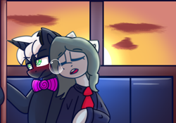 Size: 3772x2636 | Tagged: safe, artist:askhypnoswirl, oc, oc only, oc:doctor tent, oc:hypno swirl, unicorn, blushing, bowtie, clothes, cloud, duo, duo male, horn, male, necktie, sleeping, snot bubble, sunset, train, unicorn oc, window