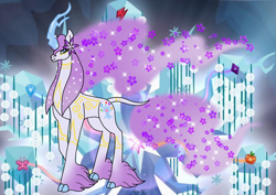 Size: 1414x1000 | Tagged: safe, artist:zetikoopa, tree of harmony, unicorn, g4, crystal horn, ethereal mane, ethereal tail, female, flower, flower in hair, horn, mare, tail