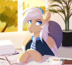 Size: 2229x2000 | Tagged: safe, artist:vitani, oc, oc only, pegasus, pony, clothes, coffee, indoors, necktie, office, pencil, pencil behind ear, shirt, sitting, solo