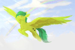 Size: 3000x2000 | Tagged: safe, artist:vitani, oc, oc only, pegasus, pony, eyes closed, flying, male, outdoors, rain, rainbow, solo, spread wings, stallion, wings