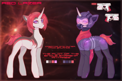 Size: 3000x2000 | Tagged: safe, artist:vitani, oc, oc only, pony, unicorn, clothes, curved horn, gun, handgun, helmet, horn, jumpsuit, pistol, reference sheet, science fiction, solo