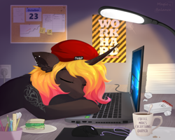 Size: 1972x1575 | Tagged: safe, artist:vitani, oc, oc only, pony, unicorn, beanie, coffee, coffee mug, computer, computer mouse, curved horn, ear piercing, earring, food, hat, horn, indoors, jewelry, lamp, laptop computer, mug, piercing, sandwich, sleeping, solo