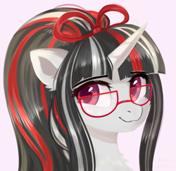 Size: 1750x1692 | Tagged: safe, artist:vitani, oc, oc only, pony, unicorn, bow, bust, eyebrows, eyebrows visible through hair, female, glasses, hair bow, horn, mare, portrait, simple background, solo