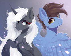 Size: 2475x1967 | Tagged: safe, artist:vitani, oc, oc only, pegasus, pony, unicorn, curved horn, duo, ear piercing, earring, female, horn, jewelry, male, mare, piercing, scar, stallion, wings