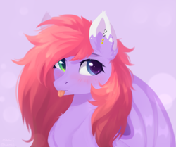 Size: 2397x2000 | Tagged: safe, artist:vitani, oc, oc only, bat pony, pony, blushing, ear piercing, earring, female, jewelry, mare, piercing, solo, tongue out