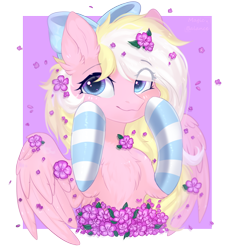 Size: 1772x1934 | Tagged: safe, artist:vitani, oc, oc only, oc:bay breeze, pony, bow, chest fluff, clothes, cute, eye clipping through hair, eyebrows, eyebrows visible through hair, female, flower, flower in hair, hair bow, looking at you, mare, ocbetes, smiling, smiling at you, socks, solo, striped socks