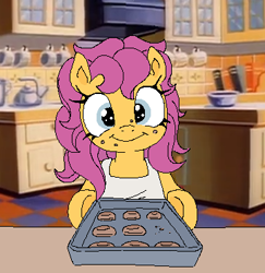 Size: 362x372 | Tagged: safe, artist:myra, bon bon (g1), earth pony, pony, g1, my little pony tales, baking, cookie, crumbs, female, food, indoors, messy eating, redraw, screencap background, show background, solo, tray