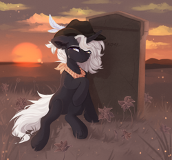 Size: 2154x2000 | Tagged: safe, artist:vitani, oc, oc only, pony, unicorn, crying, female, grave, hat, horn, mare, neckerchief, outdoors, sitting, solo, sunset