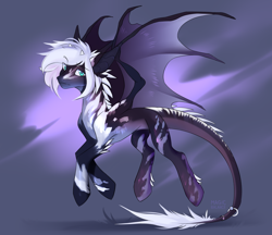 Size: 2094x1806 | Tagged: safe, artist:vitani, oc, oc only, dracony, dragon, hybrid, pony, eyebrows, eyebrows visible through hair, flying, jewelry, leonine tail, male, ring, solo, spread wings, stallion, tail, tail ring, wings