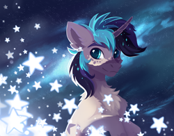 Size: 2114x1654 | Tagged: safe, artist:vitani, oc, oc only, pony, unicorn, chest fluff, curved horn, horn, smiling, solo, stars