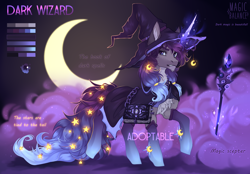 Size: 2864x1990 | Tagged: safe, artist:vitani, oc, oc only, pony, unicorn, adoptable, book, cape, chest fluff, clothes, hat, horn, magic, magic staff, male, reference sheet, solo, spellbook, stallion, telekinesis, watermark, wizard, wizard hat