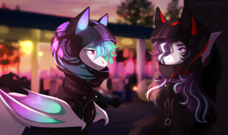 Size: 2236x1324 | Tagged: safe, artist:vitani, oc, oc only, bat pony, earth pony, pony, clothes, duo, female, helmet, jacket, jewelry, male, mare, motorcycle helmet, necklace, outdoors, stallion