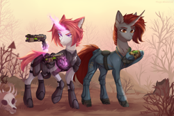 Size: 3000x2000 | Tagged: safe, artist:vitani, oc, oc only, pony, unicorn, fallout equestria, armor, clothes, duo, eye clipping through hair, eyebrows, eyebrows visible through hair, female, gun, handgun, horn, jumpsuit, magic, mare, outdoors, pipbuck, pistol, skull, telekinesis, vault suit