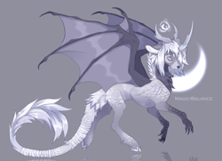 Size: 4080x2956 | Tagged: safe, artist:vitani, oc, oc only, dracony, dragon, hybrid, pony, bandage, chest fluff, claws, cloven hooves, curved horn, ear piercing, earring, gray background, horn, horns, jewelry, leonine tail, piercing, simple background, solo, spread wings, tail, unshorn fetlocks, wing claws, wings