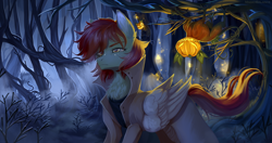 Size: 2536x1342 | Tagged: safe, artist:vitani, oc, oc only, pegasus, pony, clothes, coat, forest, halloween, holiday, jack-o-lantern, monster, nature, outdoors, pumpkin, tree, wings