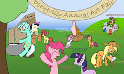 Size: 1240x740 | Tagged: safe, artist:erthilo, apple bloom, applejack, bon bon, lyra heartstrings, pinkie pie, scootaloo, sweetie belle, sweetie drops, twilight sparkle, oc, oc:madmax, earth pony, pegasus, pony, unicorn, g4, banner, horn, outdoors