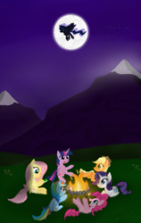 Size: 811x1280 | Tagged: safe, artist:agreylongma, applejack, fluttershy, pinkie pie, princess luna, rainbow dash, rarity, twilight sparkle, alicorn, earth pony, pegasus, pony, unicorn, g4, applejack's hat, campfire, cloud, cowboy hat, ethereal mane, ethereal tail, female, field, folded wings, hat, hoof shoes, horn, jewelry, mane six, mare, moon, mountain, outdoors, princess shoes, regalia, tail, twilight sparkle (alicorn), wings