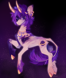 Size: 2492x2912 | Tagged: safe, artist:vitani, oc, oc only, pony, abstract background, concave belly, ear piercing, earring, fetlock tuft, horns, jewelry, leonine tail, male, necklace, piercing, slender, solo, stallion, tail, thin