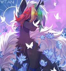 Size: 3265x3520 | Tagged: safe, artist:vitani, oc, oc only, butterfly, pony, unicorn, butterfly on nose, eyebrows, eyebrows visible through hair, eyes closed, flower, horn, insect on nose, male, smiling, solo, stallion