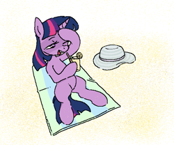 Size: 645x536 | Tagged: safe, artist:myra, twilight sparkle, unicorn, g4, beach, beach towel, drink, drinking straw, female, hat, hoof hold, horn, juice, lemonade, lying down, lying on beach towel, magnetic hooves, mare, on back, one eye closed, open mouth, sand, sandy, solo, sun hat, sun in eyes, sunbathing, sunlight, unicorn twilight