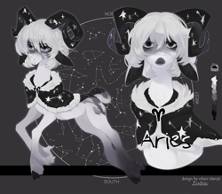 Size: 3208x2808 | Tagged: safe, artist:vitani, oc, oc only, oc:aries, pony, capelet, cloven hooves, constellation, goat horns, horns, reference sheet, solo, unshorn fetlocks