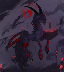 Size: 2820x3164 | Tagged: safe, artist:vitani, oc, oc only, pony, abstract background, bandage, book, candle, chest fluff, cloven hooves, concave belly, horns, magic, male, slender, solo, spellbook, stallion, thin, unshorn fetlocks