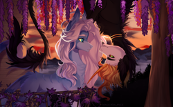 Size: 3000x1859 | Tagged: safe, artist:vitanistarcat, oc, oc only, earth pony, pony, unicorn, chest fluff, duo, ear fluff, ear piercing, earring, female, horn, jewelry, leonine tail, looking at each other, looking at someone, male, mare, oc x oc, outdoors, piercing, shipping, stallion, sunset, tail, upside down