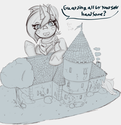 Size: 1760x1816 | Tagged: safe, artist:altus, oc, oc only, oc:altus bastion, unicorn, armor, building, bush, chimney, clothes, cute, eye clipping through hair, female, flag, guardsmare, horn, leaning, looking at you, macro, mare, open mouth, outdoors, royal guard, scarf, sketch, solo, speech bubble, striped scarf, text, tree, unicorn oc, vine, window