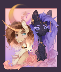 Size: 1770x2076 | Tagged: safe, artist:vitanistarcat, oc, oc only, pony, unicorn, chest fluff, choker, curved horn, duo, ear piercing, earring, freckles, horn, jewelry, necklace, passepartout, piercing