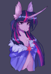 Size: 1224x1764 | Tagged: safe, artist:vitanistarcat, twilight sparkle, pony, g4, chest fluff, cloak, clothes, curved horn, female, gray background, horn, mare, simple background, solo