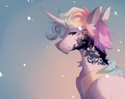 Size: 2300x1816 | Tagged: safe, artist:vitanistarcat, oc, oc only, pony, unicorn, clothes, curved horn, gradient background, horn, male, scarf, solo, stallion