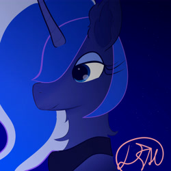 Size: 5000x5000 | Tagged: safe, artist:derpyshy, princess luna, alicorn, pony, g4, bust, ethereal mane, female, jewelry, mare, night, regalia, smiling, starry night