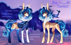 Size: 2560x1642 | Tagged: safe, artist:vitani, oc, oc only, oc:blue stardust, fish, pony, black sclera, bow, clothes, curved horn, female, horn, horns, mare, potion, socks, solo, tail, tail bow